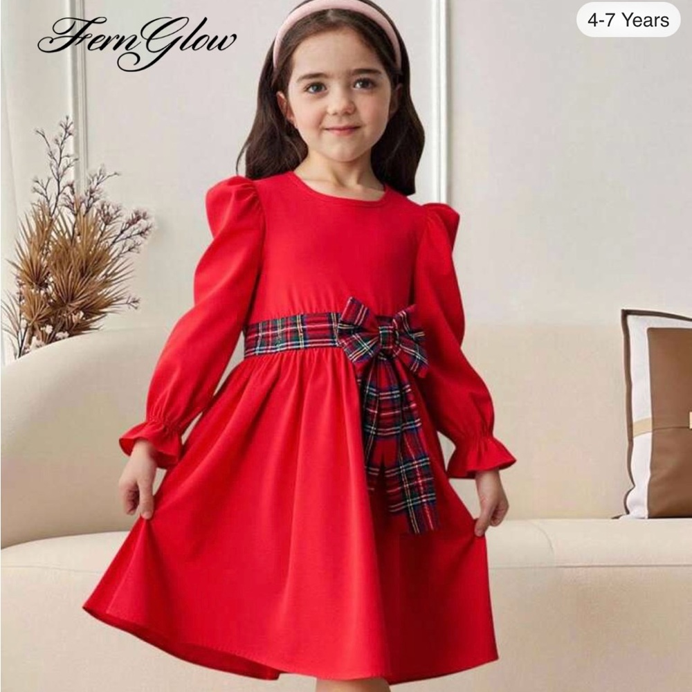 Girls 5T Red Dress with Plaid Bow